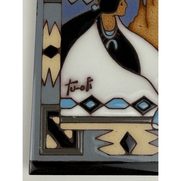 Vtg Earthtones Southwestern Trivet Tile by Tu-ofi Woman And Children Blue 6"x6" - Picture 3 of 10